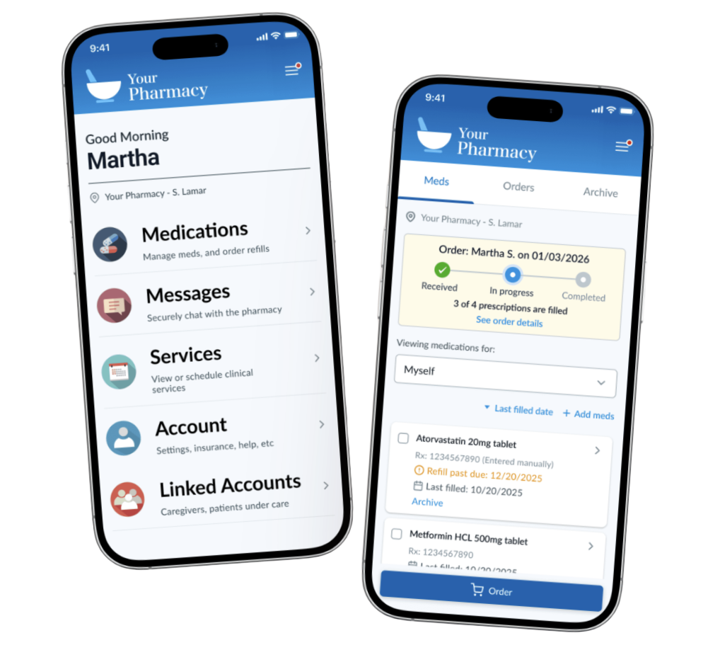 Patient portal app screens showing the home screen and a medications list