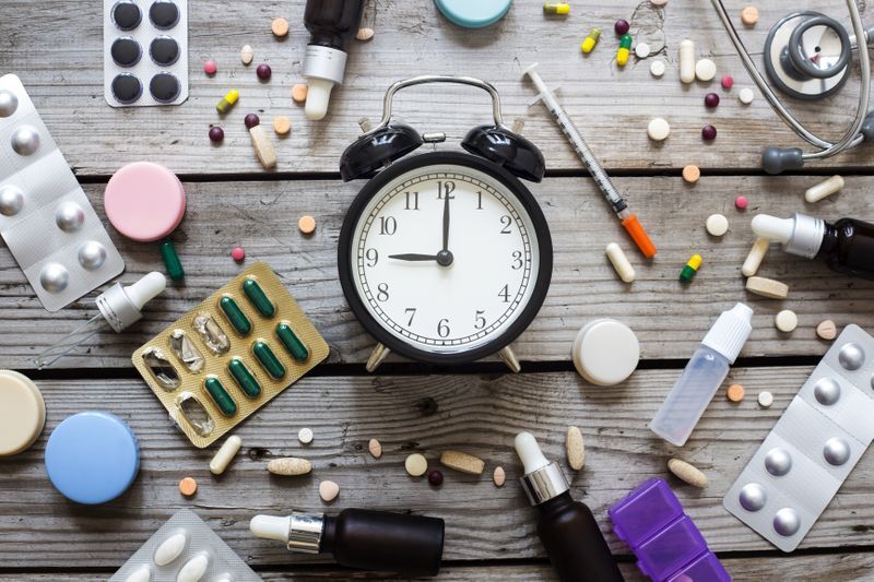 Assorted medications arranged around an alarm clock, representing a monthly refill schedule