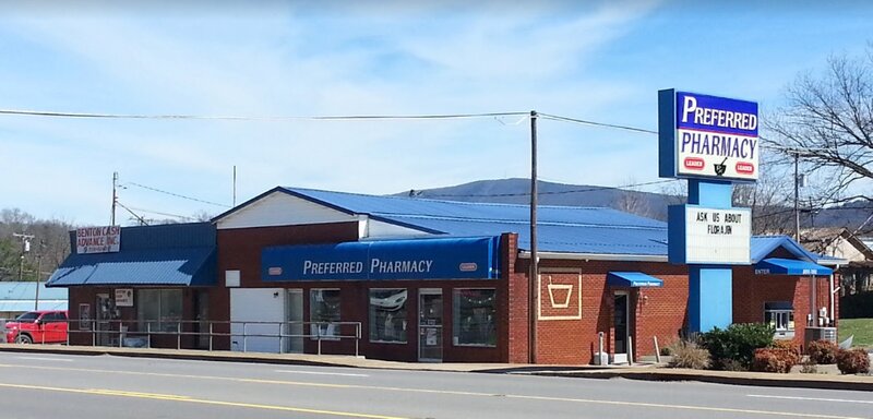 Preferred Pharmacy storefront on US-411 in Benton, with its roadside sign and blue roof